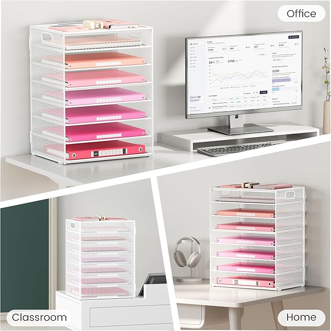 Lavatino 2 Pack 8-Tier Office Desk File Organizer, Letter Tray Paper Organizer with Handle, Including 5 Adjustable Slide Trays for Organizing Desk Workspace Accessories and Supplies (White Metal Mesh)