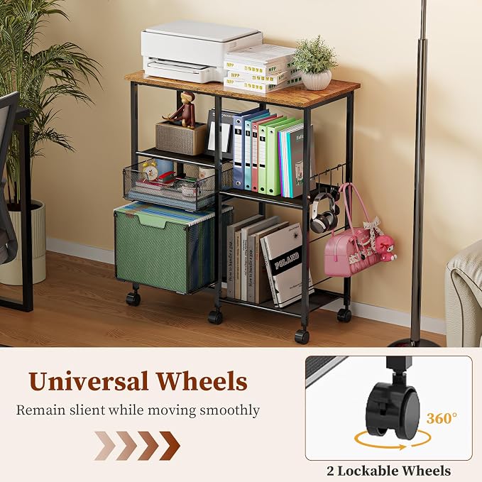 Tiaoheka Rolling File Cart with Wheels,Lateral File Cabinet with 2pcs Drawers,Rolling Printer Stand Cart with Open Storage Shelf,Hanging Filing Cabinet Organizer Cart Fits Letter Size for Home Office