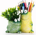 Frog Pen Holder for Desk, Cute 2-in-1 Resin Flower Pot & Pencil Cup, Holds 10 Pens, Vintage Stacked Frog Figurine with Removable Artificial Grass, Functional Desk Organizer for Office Home Decor,