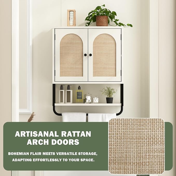 RUSTOWN Rattan Bathroom Wall Cabinet, Boho Over The Toilet Storage Cabinet | Arched Rattan Doors, Modern Medicine Cabinet, Adjustable Shelves, Towel Bar, Vintage White