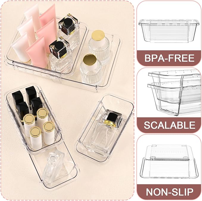 8 Pcs Medium Extendable Clear Drawer Organizer, All Adjustable Vanity Storage Box, 2-Size Desk Drawer Organizer, Acrylic Storage Bins for Makeup, Cosmetic, Bedroom Dressers Tool Organizer for Gadgets