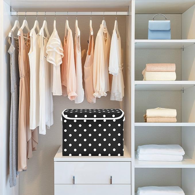 CaTaKu Polka Dot Storage Bins with Lids,White and Black Fabric Large Storage Container Cube Basket with Handle Decorative Storage Boxes for Organizing Clothes Shelves