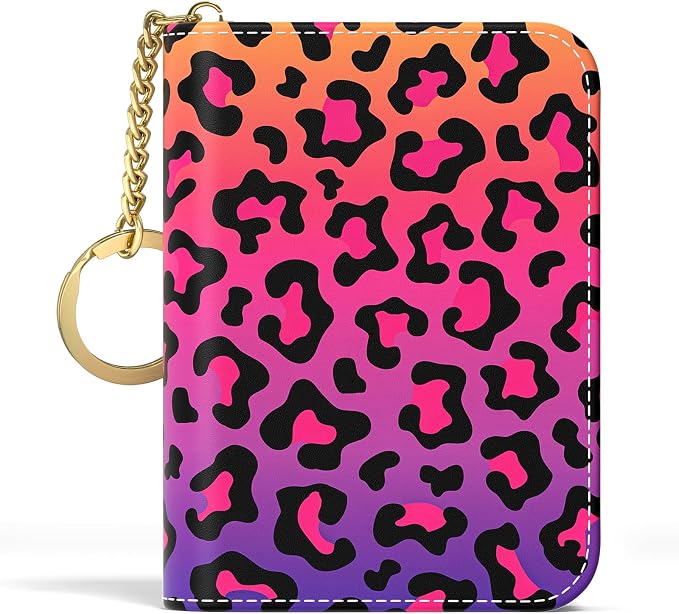 Aiawoxc Credit Card Holder, Small RFID Wallet Slim Leather Card Organizer Case with Zipper and Keychain, Colorful Leopard Print