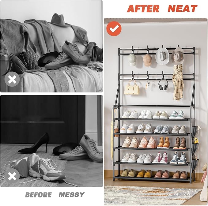 OYREL Shoe Rack, 5 Tier Shoes Storage Organizer with Hooks and Side Pocket | 20-25 Pairs, for Closet/Entrance/Entryway, Stackable & Detachable Closet Organizers and Storage Free Standing Shoe Rack