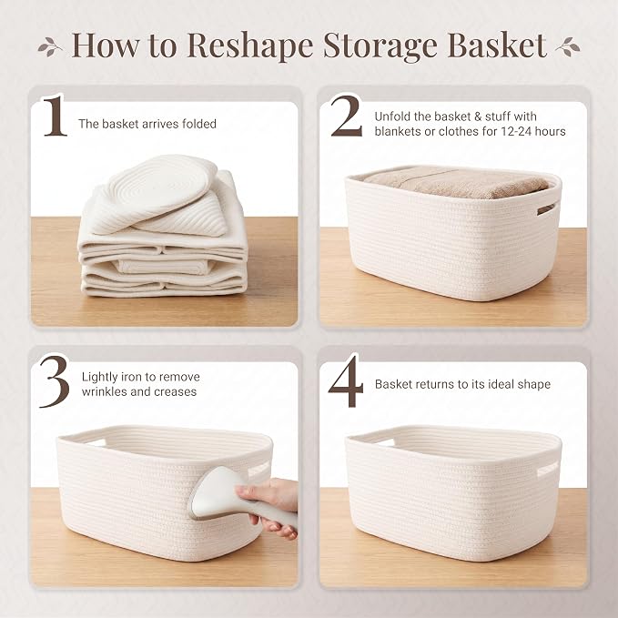 4-Pack Large Woven Rope Storage Baskets, 2 Sizes Organizer Bins | Fabric Cube Boxes and Rectangular Shallow Bins for Closet, Shelf, Bookshelf, Nursery, Changing Table, Bathroom, Toys & Home