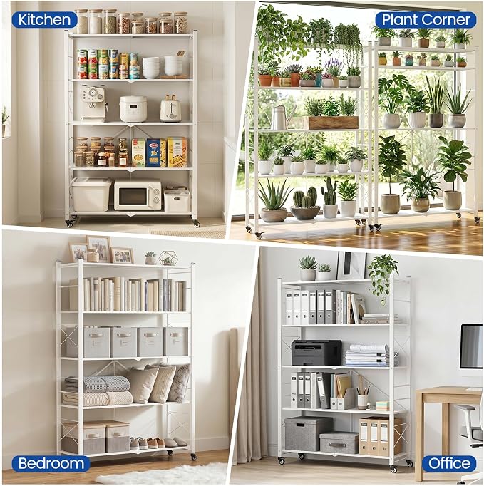 ALANNG 40" W Foldable 5-Tier Storage Shelves on Wheels Adjustable | Removable Metal Rack, Heavy Duty Rolling Organizer for Kitchen, Garage, Closet, Pantry, and Office (White,4 Pack)