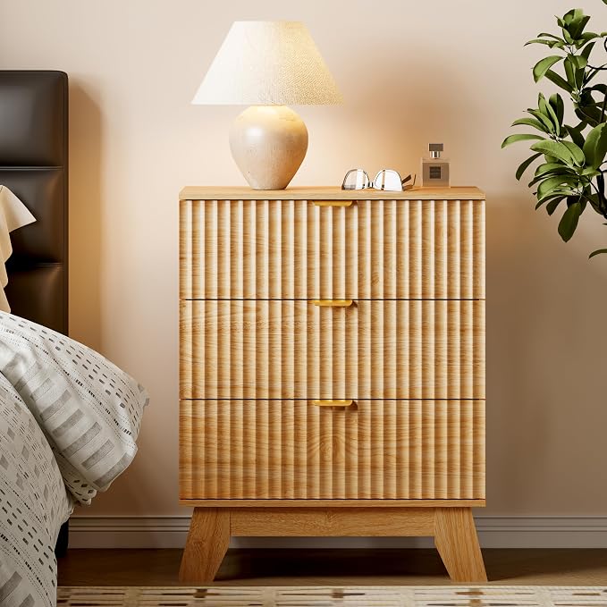 BORNOON Fluted 3 Drawer Dresser, 30.3" Tall Compact Modern Boho Chest of Drawers, Wooden Storage Cabinet for Bedroom, Living Room, Entryway, Curved Profile Design