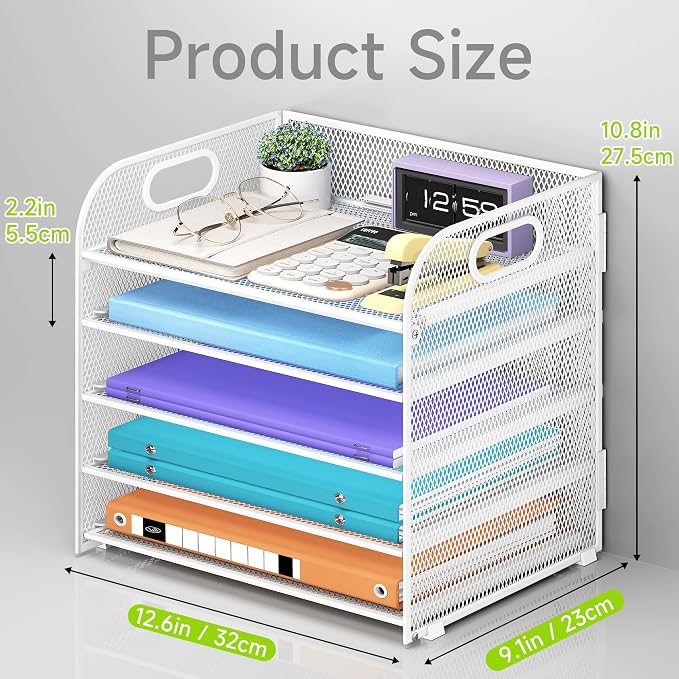 Cawukege 2 Pack 5 Tier Paper Organizer, Letter Tray with Handle, Mesh Desk Organizer, Metal File Organizer, Office Desk Accessories for Home, Office, Classroom, School -White