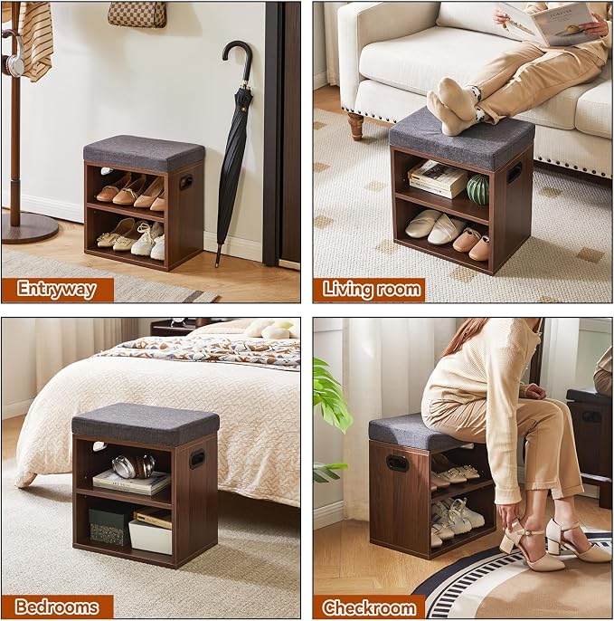 YMYNY Small Shoe Storage Bench with Cushion, Light Walnut, HBD028LW | 2 Tier Entryway Bench with Storage, Small Shoe Rack Bench with Adjustable Shelf for Entryway 11 x 15.3 x 16.5 Inches
