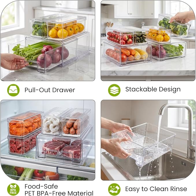 6Pack Fridge Organizers and Storage,Stackable Fridge Organizer Bins with Lids, 2 Pull Out Fridge Organizers and 4 Storage Container with Drain Tray for Fruits, Vegetables, Drinks, Snack and Food