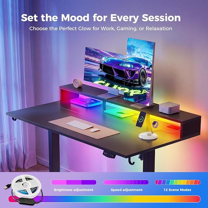 Klicelor Electric Standing Desk with Shelf, 55 Inch Height Adjustable Desk with Power Outlets & LED, Sit Stand Up Table with Monitor Stand, Computer Workstation for Home Office, Black