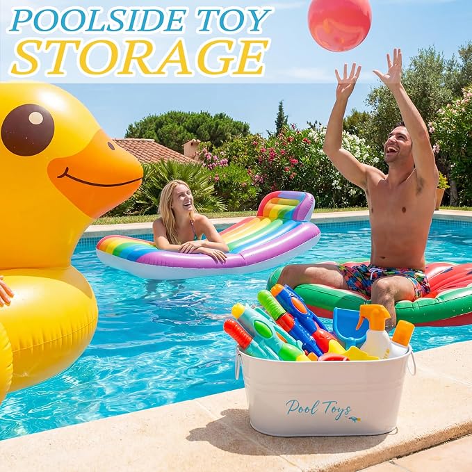 Blulu 10.6"x4.7" Pool Toy Storage Bucket Metal Poolside Basket Above Ground Pool Bin Summer Basket Outdoor Storage for Sunscreen Goggles Flip Flop Spf Swimming Camping Beach Accessories Decor