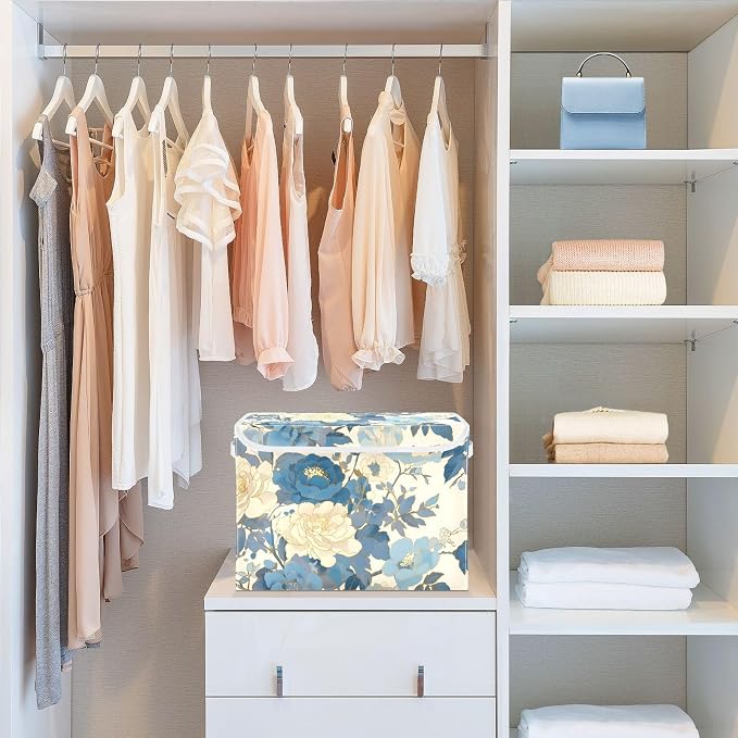 Blue White Peony Lidded Storage Bins with Handles - 16.5"x12.6"x11.8" Foldable Organizing Box, Oxford Fabric & Honeycomb Board, Dust-Proof Flip Lid for Closet/Office