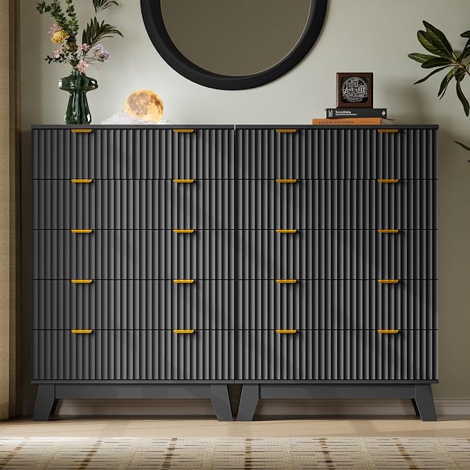 BORNOON 46" Tall Dresser for Bedroom, 6-Drawer Fluted Chest of Drawers, Modern Wood Highboy with Deep Storage, Metal Slides and Handles, Anti-Tip Kit, Vertical Clothes Organizer for Apartment, Nursery