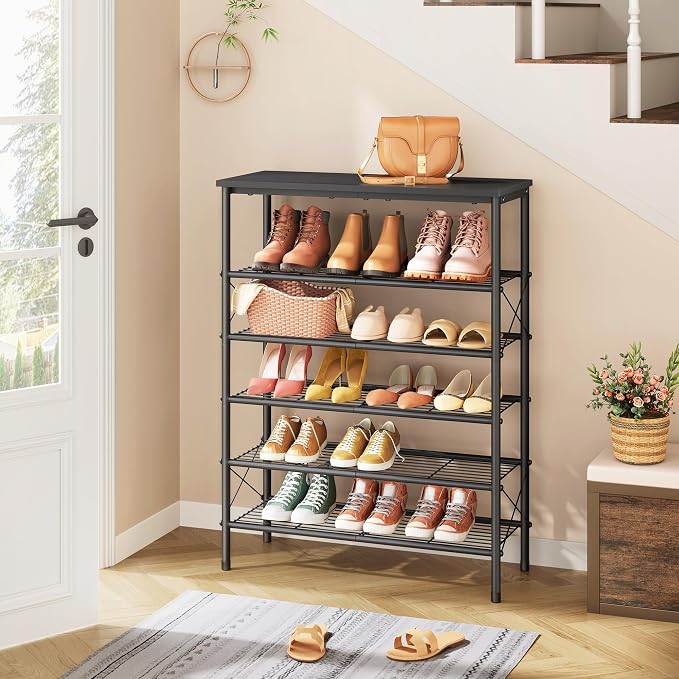 Tajsoon 6 Tier Shoe Rack for 20-24 Pairs of Shoes, Black | X Shape Fixed Frame, Metal Mesh Shoe Shelf, Industrial, For Closet, For Entryway Shoe Storage