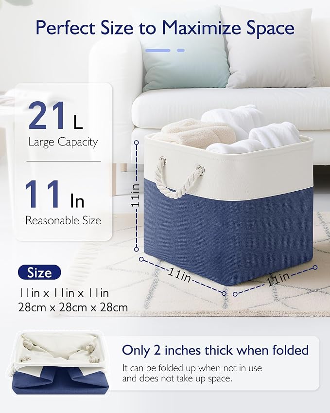 Patvingot 11 Inch Cube Storage Bins, 6 Pack Fabric Storage Cubes with Rope Handles, Organizer Baskets for Closet Shelves, Clothes and Home Organization(White/Blue)