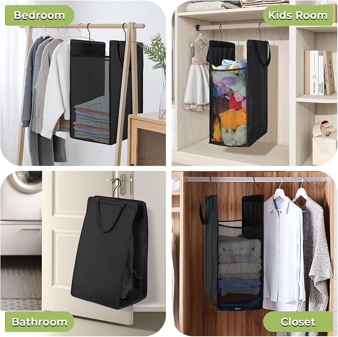 FENTEC Fentec Hanging Laundry Hamper, Hanging Laundry Basket, Slim Laundry Hamper Bag with Handles, Portable Hanging Closet Hamper, Mesh Heavy Duty Hanging Laundry Bag (Black,2 Pack)