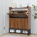 RARZOE Fluted Shoe Cabinet for Entryway with 2 Flip Drawers, Narrow Wood Shoe Cabinet with Fluted Panel, Slim Hidden Shoe Organizer Closed Shoe Rack with Metal Legs for Foyer,Hallway(31.5''Walnut)