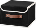 Collapsible Storage Boxes Baskets with Lid Cotton Linen Fabric Storage Bins with Faux Leather Handles Decorative Washable Cube Organizer Container for Home Closet Bedroom (Black, Small Size)