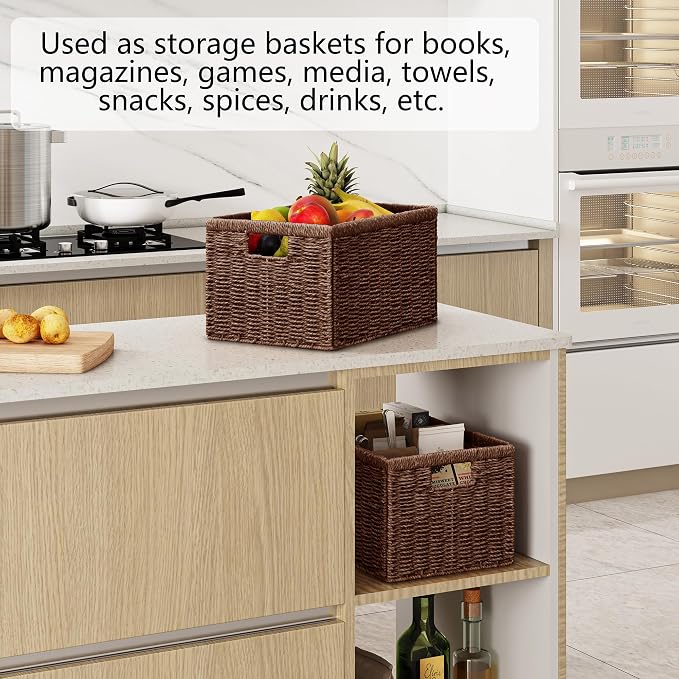 Vagusicc 2 Packs Large Wicker Storage Basket, Closet Storage Baskets Bins for Shelves, Decorative Collapsible Baskets for Organizing Clothes Toy Nursery Bathroom Organizers and Storage, Brown