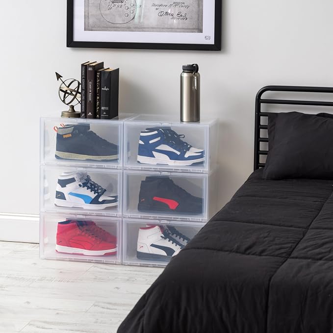 IRIS USA 6-Pack, Stackable Shoe Display Box with Flip Door, Clear | Protect footwear with stackable storage and easy access design for closets, entryways, and under bed spaces