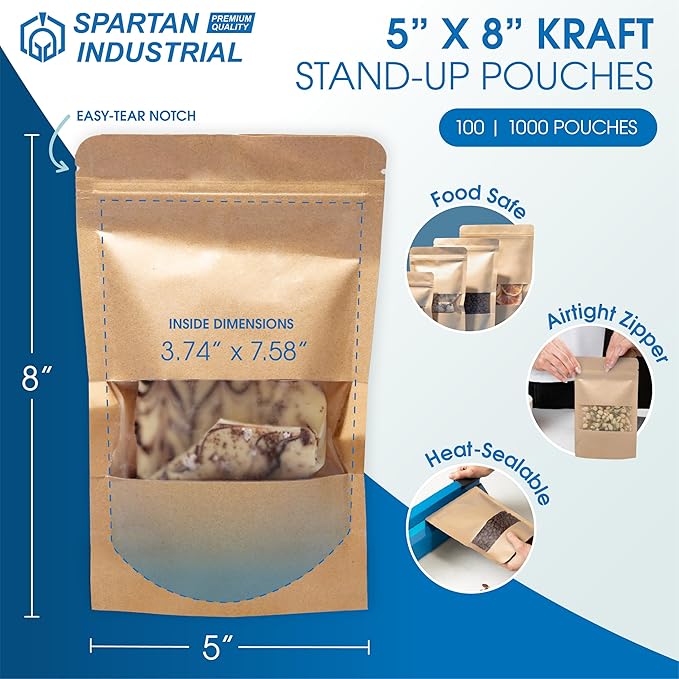 Spartan Industrial - 5" X 8" Kraft Zip Top Food Storage Bags - Pack of 1000 Smell-Proof Resealable Pouches for Packaging Coffee, Tea, Spices, Snacks, and More