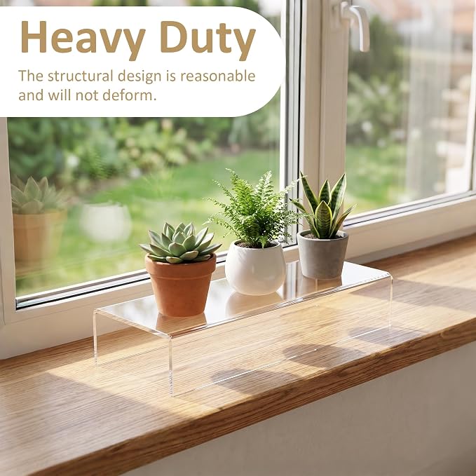 Acrylic Shelf Riser 15x4.3x2 pack of 2, Clear Display Shelf 10” for Figure, Cosmetics, Bags, Shoes, Toys, Collectibles, 15x4.3x2 Inch