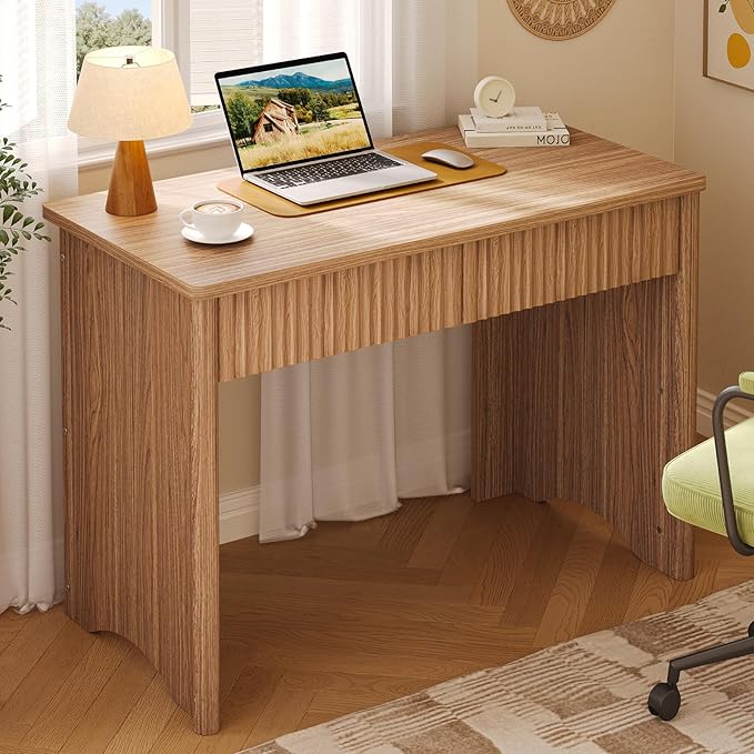 Bestier 40-Inch Fluted Wood Computer Desk with 2 Silent Drawers, Light Wood | Vertical Fluted, 2 Storage Drawers Silent Damping, 40x20 in, 30in Ergonomic, Scratch-Resistant Melamine, Non-Slip Pads