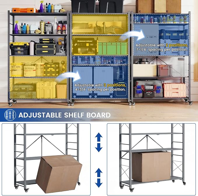 ALANNG 40" W Foldable 5-Tier Storage Shelves on Wheels Adjustable | Removable Metal Rack, Heavy Duty Rolling Organizer for Kitchen, Garage, Closet, Pantry, and Office (Grey,4 Pack)
