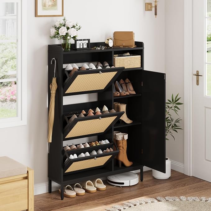 Garvee Shoe Cabinet with 3 Flip Drawers, Freestanding Shoe Organizer with 4-Tier Shoe Storage Cabinet and Adjustable Shelf & Rattan Doors,Narrow Shoe Rack Cabinet for Entryway, Closet, Hallway