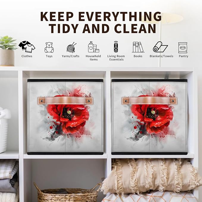 Red Flower Closet Storage Bin, Foldable Storage Baskets for Shelves, Decorative Shelf Organizer Poppy Floral Black Grey Vintage Fabric Cube Bin for Living Room Bedroom Home Dorm