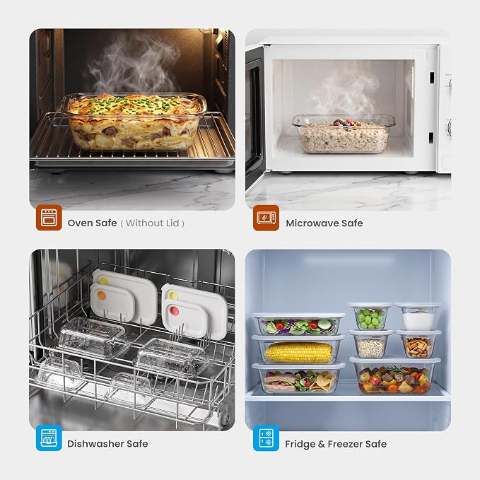 8 Glass Food Storage Containers with Click-Together Lids, Stackable Meal Prep Food Container Set, 4 Sizes Modular Glass Storage for Snacks, Sandwiches, Overnight Oats, Leftovers & Fridge Organization