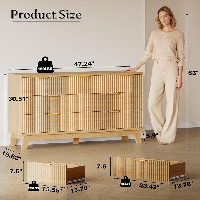 BORNOON Fluted 7 Drawer Dresser, 47.2" Wide Modern Boho Chest of Drawers, Wooden Storage Dresser TV Stand for Bedroom, Living Room, Closet, Hallway, Curved Profile Design