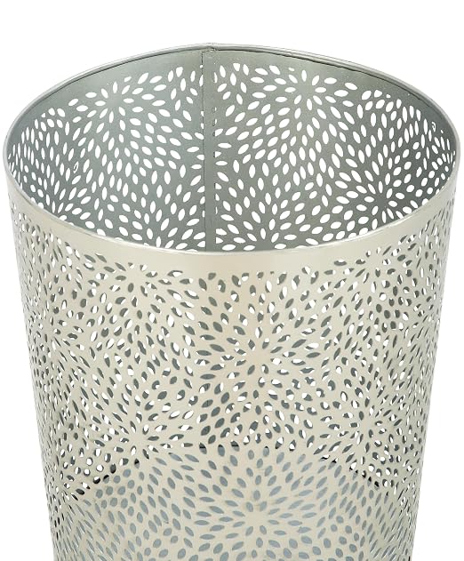 CosmoLiving by Cosmopolitan Metal Floral Trash Can 9" x 9" x 10", Silver | Office trash can, small waste bin, bathroom waste basket small, laser carved design, 9 x 9 x 10 in