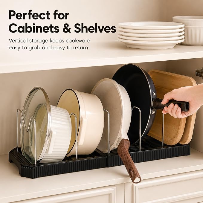 Pots and Pans Organizer Under Cabinet, Adjustable Pot and Pan Organizer Rack, 7 Stainless Steel Dividers, Pot Lid Organizer for Cabinet, Expandable Pan Organizer for Pots, Pans, Lids, Plates Black