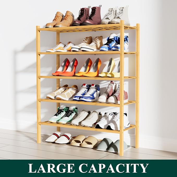Smiry Bamboo Shoe Rack, 5 Tier Free Standing Wooden Shoe Organizer, Stackable Wood Shoe Storage Shelf for Closet, Entryway, 12 Vertical Slats, 2+2+1 Stack Standard Legs, 26.8"x11"x32.5", Natural