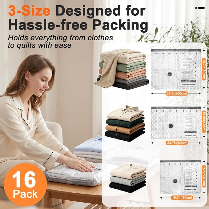 16 Pack Travel Vacuum Bags with Pump | Vacuum Seal Bags for Clothing Travel, Vacuum Storage Bags with Cordless USB Pump, PA+PE Zipper for Space Saver for Home