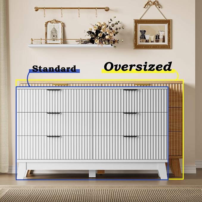 BORNOON 53" Long Dresser for Bedroom, 6-Drawer Dresser with Fluted Fronts, Wide Wood Chest of Drawers, Smooth Metal Slides, Stable Base, Modern Clothes Storage Cabinet for Living Room, Hallway