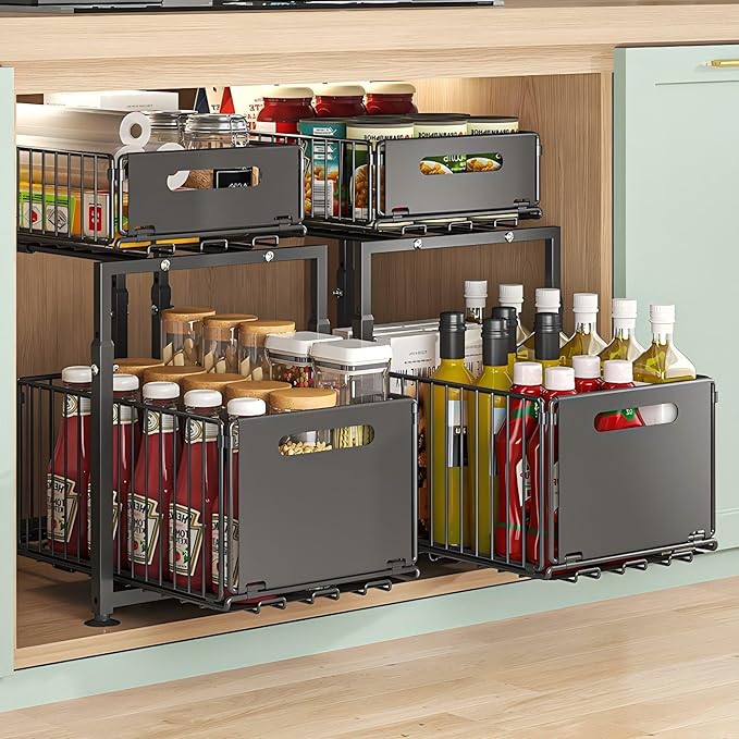 Under Sink Organizer, 2-Tier Multi-Use Kitchen and Bathroom Organizers and Storage, Slide Out Thickened Metal Under The Sink Organizer for Kitchen Bathroom Pantry (Style A White, 1 Pack)