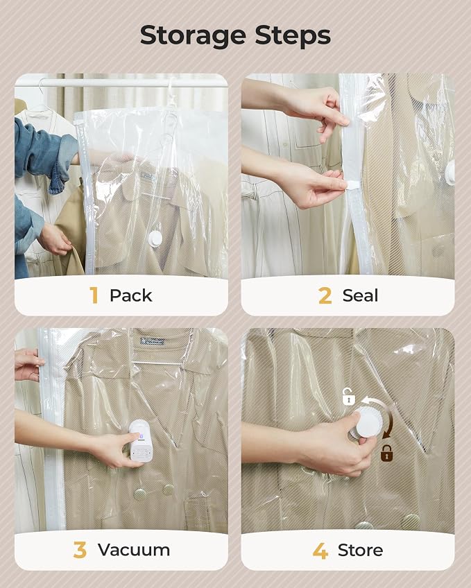 BAGSMART 4 Pack Hanging Vacuum Storage Bags for Clothes, Space Saver Bags for Closet Organization, Air-tight Vacuum Sealer Bags for Heavy Coats, Suits, Dresses, Jackets, Hand Pump Included