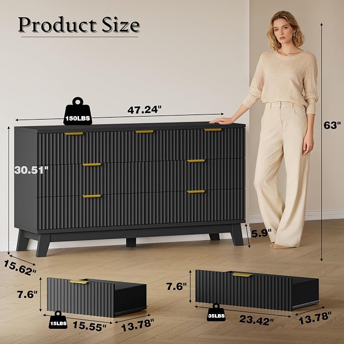 BORNOON Fluted 7 Drawer Dresser, 47.2" Wide Modern Boho Chest of Drawers, Wooden Storage Dresser TV Stand for Bedroom, Living Room, Closet, Hallway, Curved Profile Design