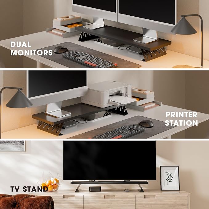 Fenge Monitor Stand Riser, 31.5 Inch Desk Top Shelf for 2 Monitors, Computer Stands for Desk, Wood & Steel Desktop Riser for Laptop, PC, Printer