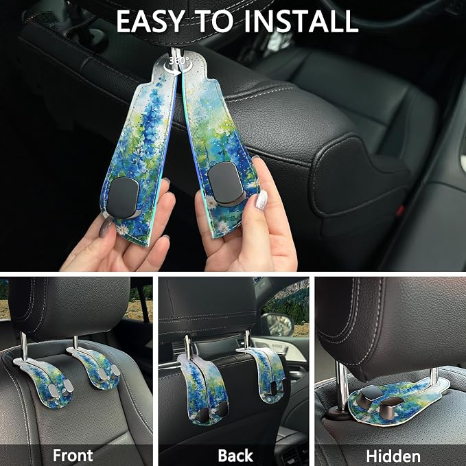 Blusabaca 2PCS Car Seat Headrest Hooks, Purses Bags Holder, Floral Blue | PU Leather, Double Metal Back Storage Hangers for Grocery Bags Handbags Bottles Coats Phones, Car Accessories Organization