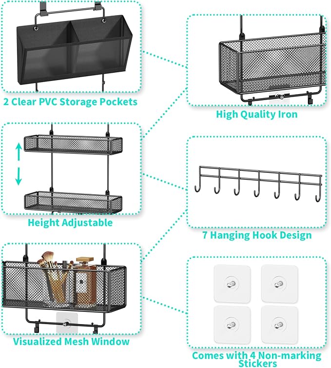 HapiRm Over Door Organizer Hanging - 6 Tier Over The Door Storage with Visual Pockets & Hooks, with 4 Metal Large Capacity Baskets for Bathroom Bedroom Kitchen Pantry Cabinet