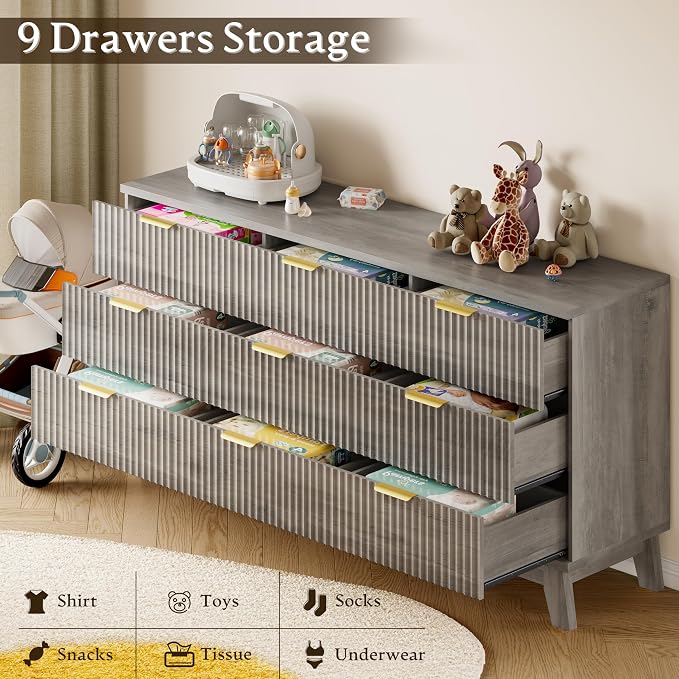 BORNOON Fluted 9 Drawer Dresser, 57.1" Wide Modern Boho Chest of Drawers, Wooden Storage Dresser TV Stand for Bedroom, Living Room, Closet, Hallway, Curved Profile Design