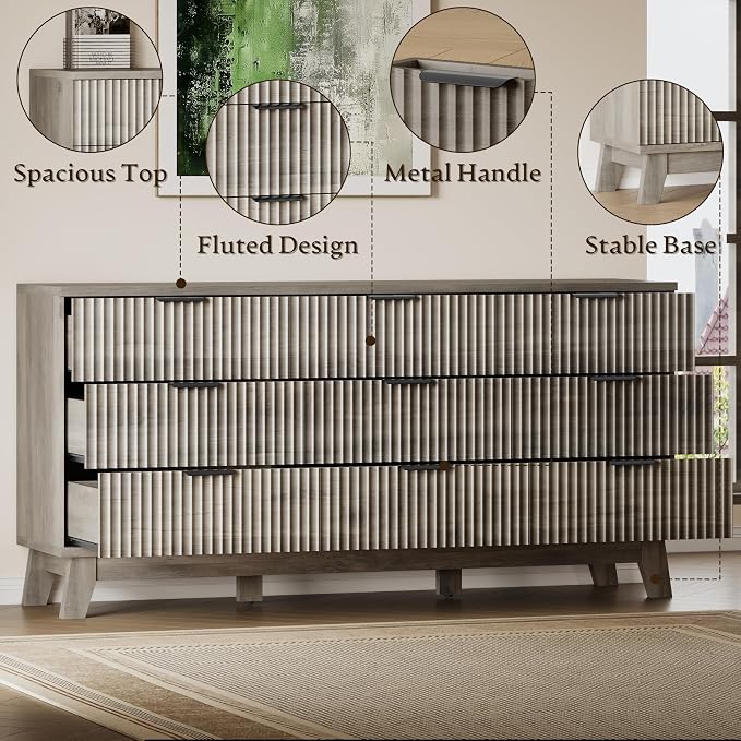 BORNOON 63" Long Dresser for Bedroom, 9-Drawer Fluted Dresser, Extra-Wide Wood Chest of Drawers with Smooth Metal Slides, Stable Base, Modern Clothes Storage Cabinet for Living Room, Hallway, Nursery