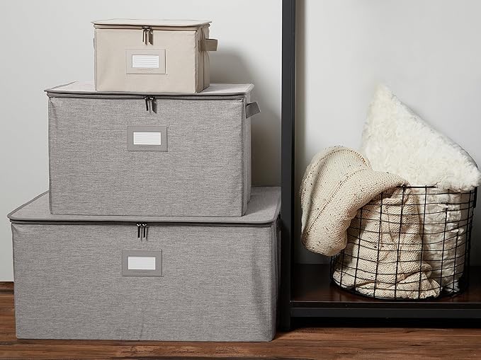 Covermates Keepsakes Zip-Top Storage Box Set, 3 Pack Heavy Duty Polyester Organizer Bins, Stackable Design, ID Window, Reinforced Handles, Closet Home Storage, Grey Heather
