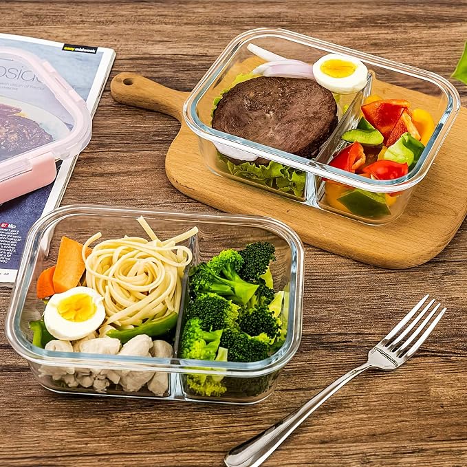 C CREST Glass Meal Prep Containers 2 Compartment Set, 5-Pack, 34oz | Glass Bento Boxes for Adults, Divided Glass Lunch Containers with Lids