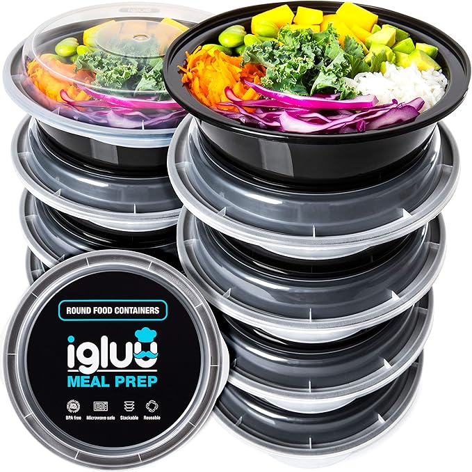 Igluu Meal Prep Containers Reusable (10 Pack) 1 Compartment – 28oz | Round Food Containers with Lids – Stackable, Microwave, Freezer & Dishwasher Safe – BPA-Free