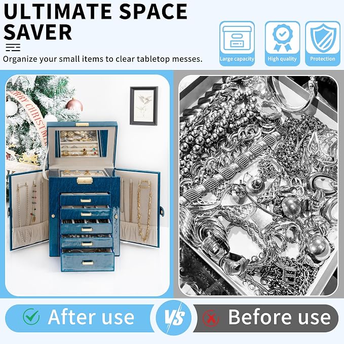 AKOZLIN 6-Tier Jewelry Box Lockable Leather Jewelry Storage Case with 5 Drawers for Women Girls Ring Necklace Earring Bracelet Holder Organizer with Mirror Blue